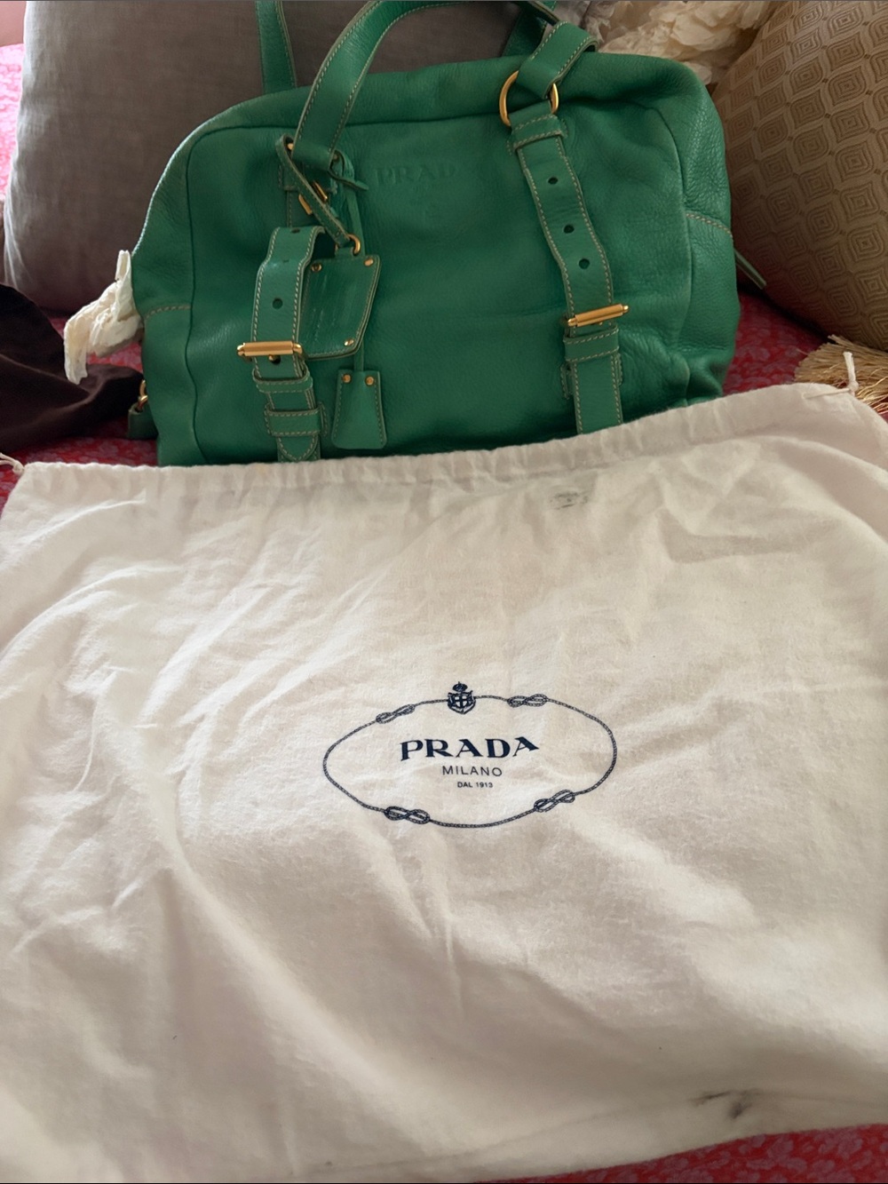 Prada Green Leather Bowler Satchel with Gold Hardware